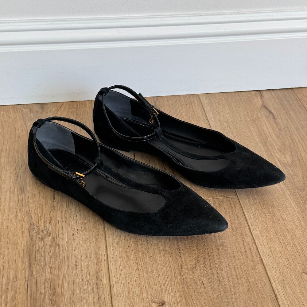 Tory Burch Ashton T-strap black suede/patent leather shoes size 10.5